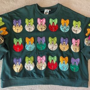 QUEEN OF SPARKLES Green Sweater with Colorful Ornament Bow Accents